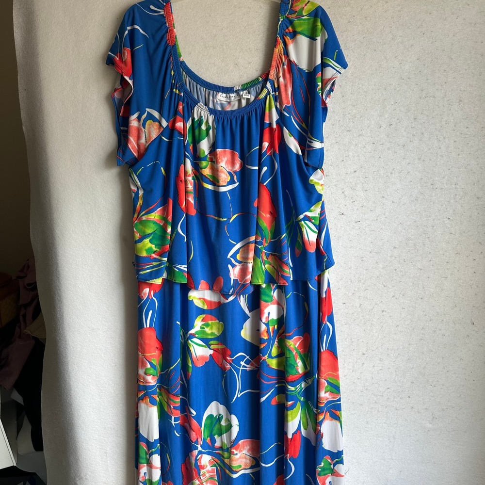 Susan Graver Liquid Knit Blue Floral Tiered Popover Maxi Dress 2X Plus Size